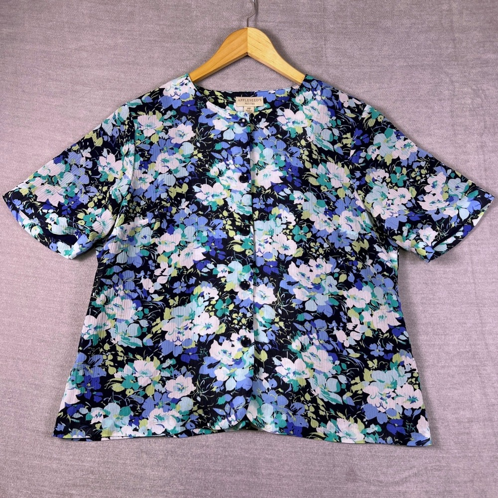 Appleseed's Petites Floral Button Front Short Sleeve Blouse Womens 14P Blue Poly